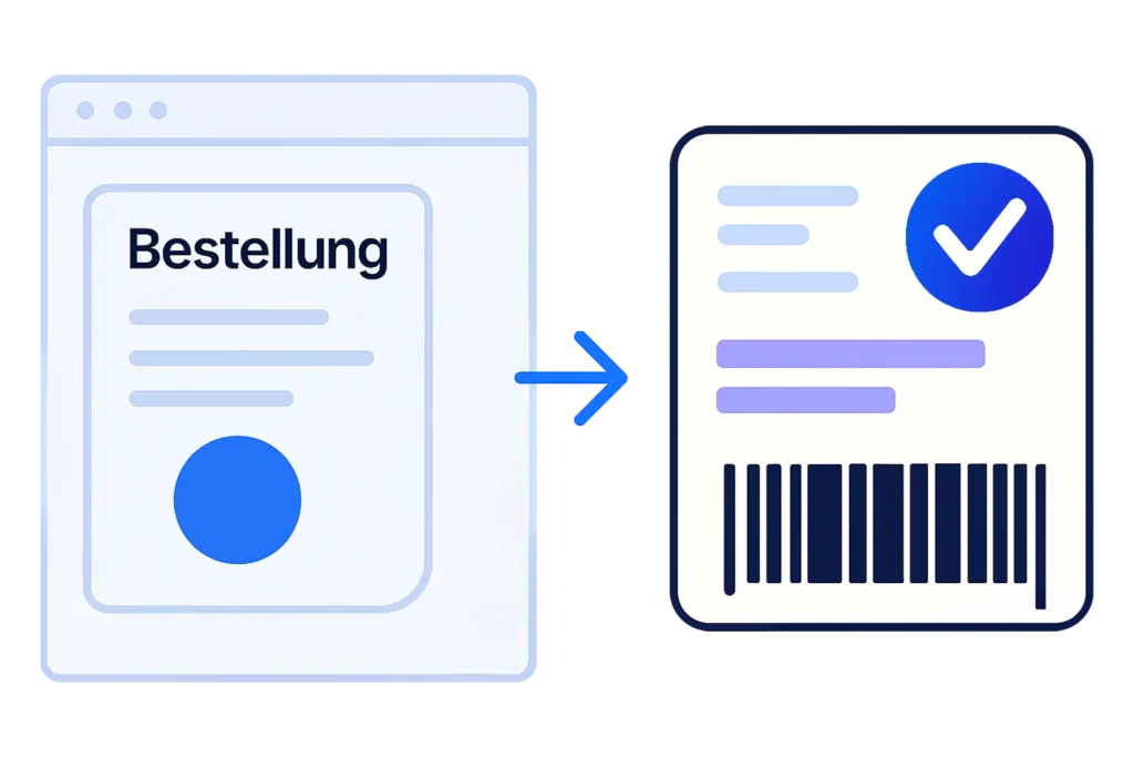Grafik mit Bestellübersicht und generiertem Versandlabel mit Barcode und Häkchen