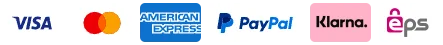 Logos gängiger Zahlungsdienstleister: VISA, Mastercard, American Express, PayPal, Klarna, EPS