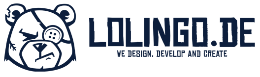 LOLINGO.DE Logo mit stilisiertem Bärenkopf und Slogan "We design. Develop and create"
