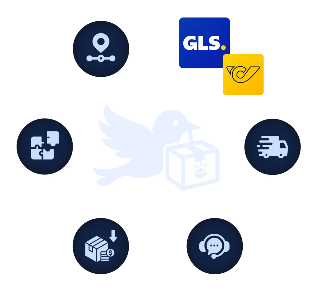 Illustration mit Vogel, Paket und Versand-Icons – Darstellung eines Aktionsangebots von SendDrop mit mehreren Versandfunktionen.