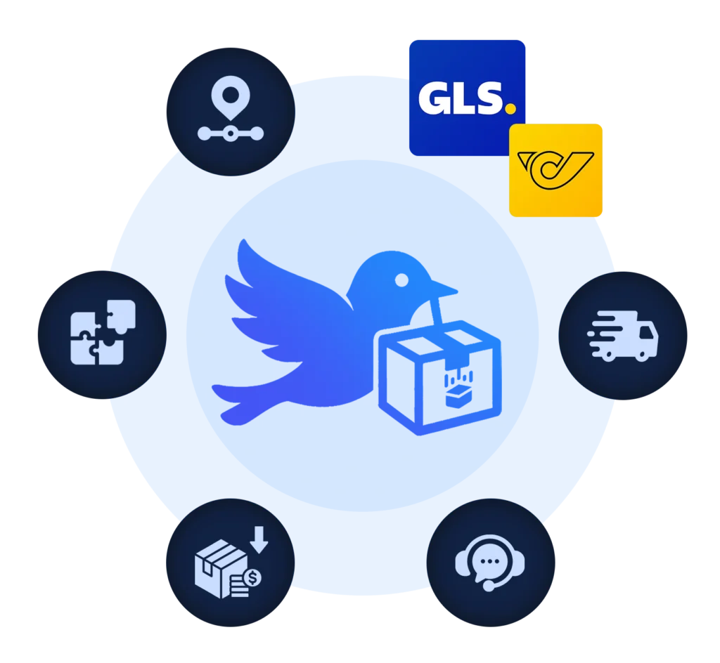 Farbige Darstellung eines Vogels mit Paket, umgeben von Versand- und Service-Icons sowie Logos von Versandpartnern.